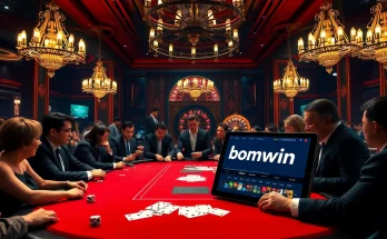 Experience thrilling poker gameplay featuring bomwin chips and players strategizing their next moves.