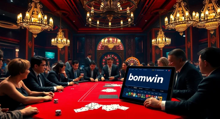 Experience thrilling poker gameplay featuring bomwin chips and players strategizing their next moves.