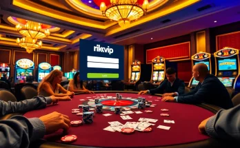 Rikvip đăng nhập interface displayed over an exciting casino scene with poker chips and cards.