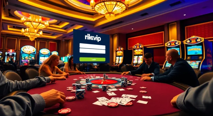 Rikvip đăng nhập interface displayed over an exciting casino scene with poker chips and cards.