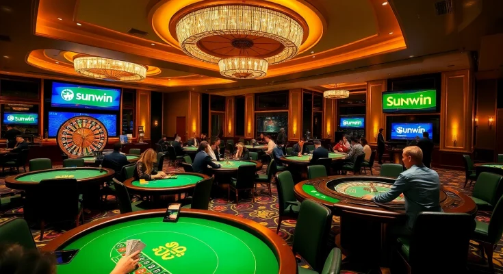 Players enjoy exhilarating games at a sunwin-themed casino table, capturing high-stakes excitement.