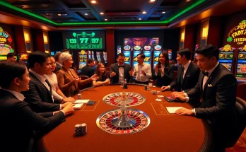NEO79 players celebrating a winning hand at a luxurious casino table with vibrant decor.