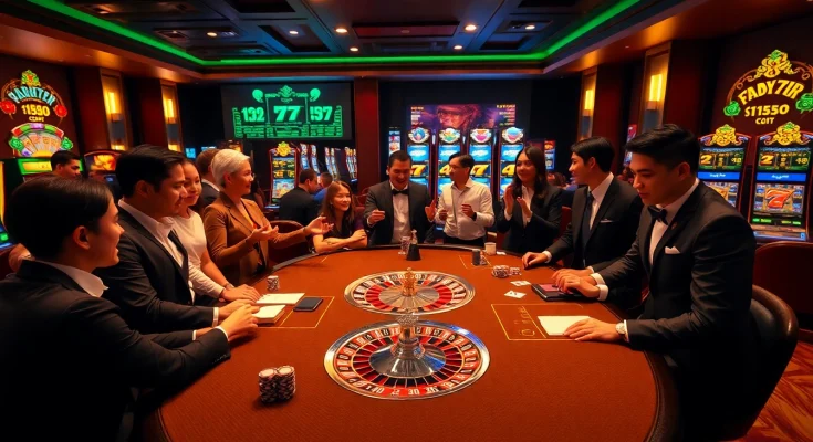 NEO79 players celebrating a winning hand at a luxurious casino table with vibrant decor.