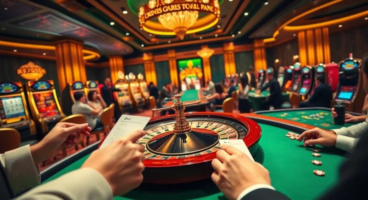 F8bet gaming excitement with roulette, slot machines, and eager players at a dynamic casino scene.