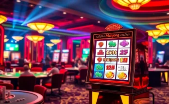 Winning on a slot demo mahjong machine in a vibrant casino atmosphere filled with excitement.