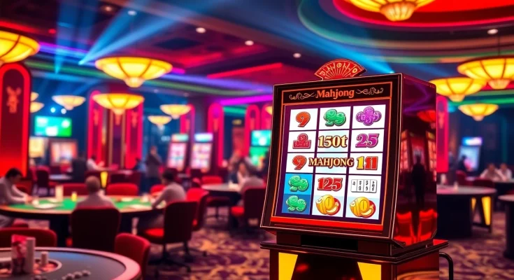 Winning on a slot demo mahjong machine in a vibrant casino atmosphere filled with excitement.
