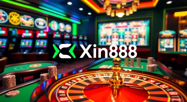 Xin88 table games and slot machines illuminating an exciting casino environment.