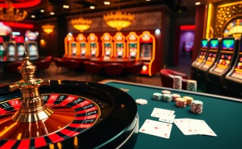 SBOBET casino scene with roulette wheel, poker chips, and vibrant slot machines.