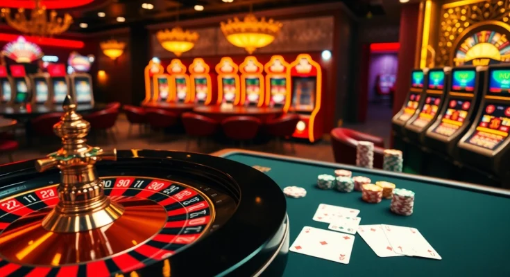 SBOBET casino scene with roulette wheel, poker chips, and vibrant slot machines.