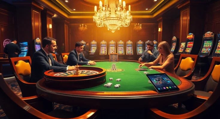 Players strategizing in a luxury casino setting at rikbet, enjoying poker and roulette.
