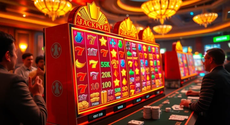 Players enjoying a thrilling moment at a slot machine with vibrant graphics and jackpot action.