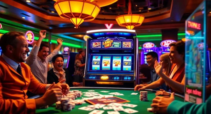 Experience thrilling gameplay with slot gacor as players celebrate wins at a vibrant casino.