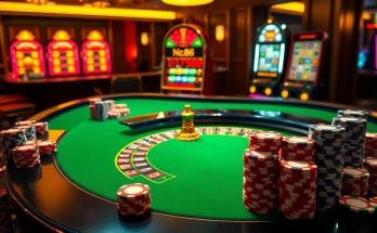 Experience the excitement of Nc88 at a luxurious casino table filled with colorful poker chips.