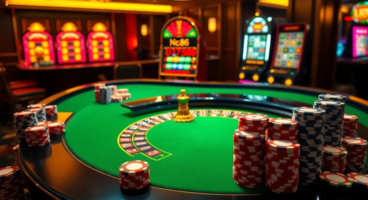 Experience the excitement of Nc88 at a luxurious casino table filled with colorful poker chips.