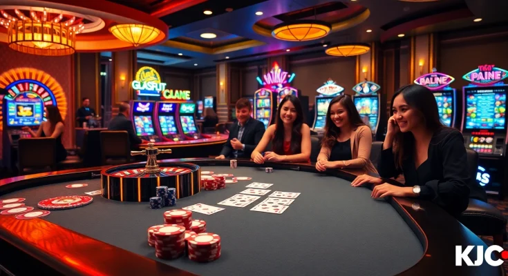 Players engage in thrilling casino action at KJC's premier entertainment venue, showcasing poker and roulette excitement.