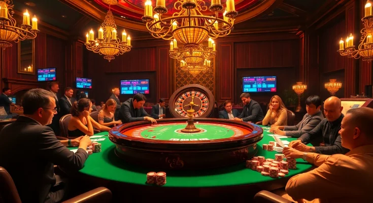 Players enjoying kèo nhà cái at a vibrant casino poker table, surrounded by chips and cards.