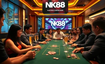 Players enjoying a thrilling poker game at NK88, featuring luxurious decor and shimmering chips.