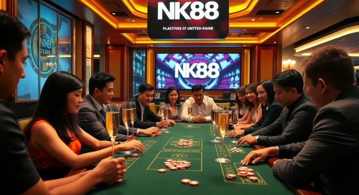 Players enjoying a thrilling poker game at NK88, featuring luxurious decor and shimmering chips.