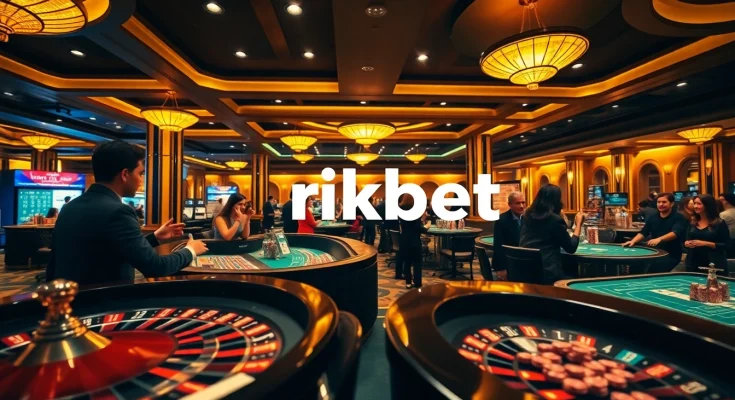 Gamblers celebrating a win at a luxury casino table featuring rikbet branding elements.