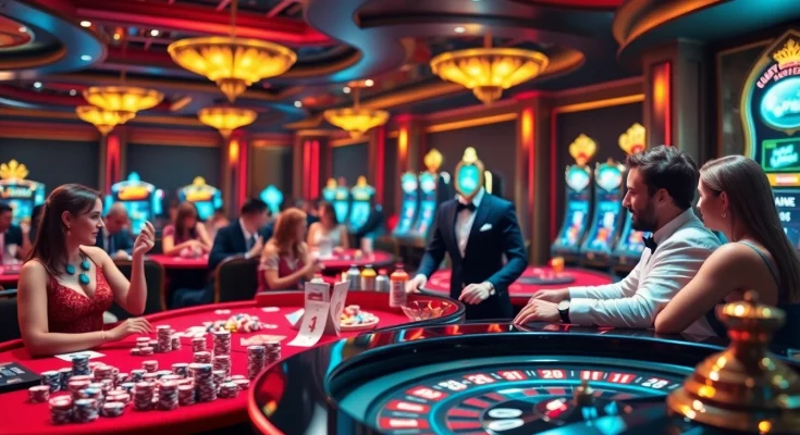 Experience the excitement of Bomwin with vibrant casino visuals featuring tables and slots.