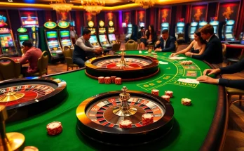 Engaging casino scene illustrating Giải mã giấc mơ with vibrant games, luxury tables, and players betting.