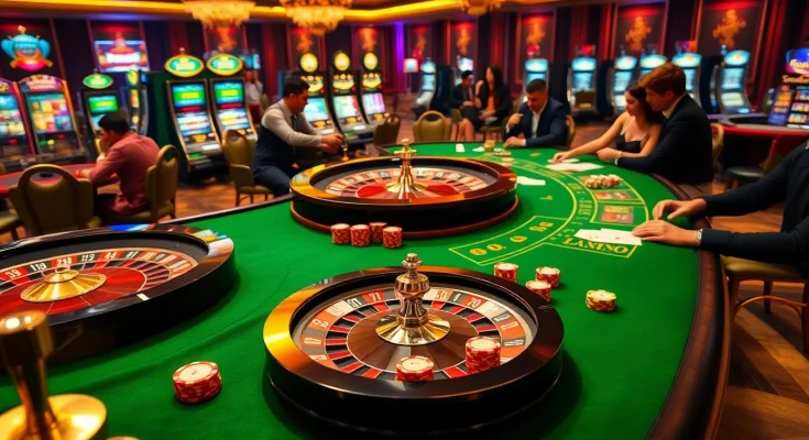 Engaging casino scene illustrating Giải mã giấc mơ with vibrant games, luxury tables, and players betting.