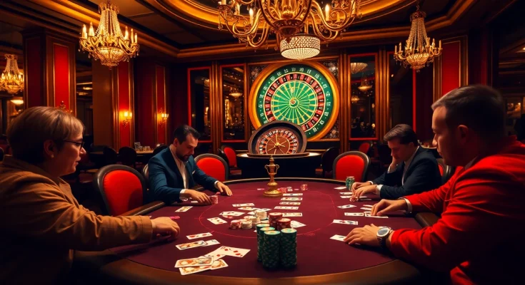 Players engaging in a high-stakes poker game at nhà cái i8bet.com casino, showcasing excitement and luxury.