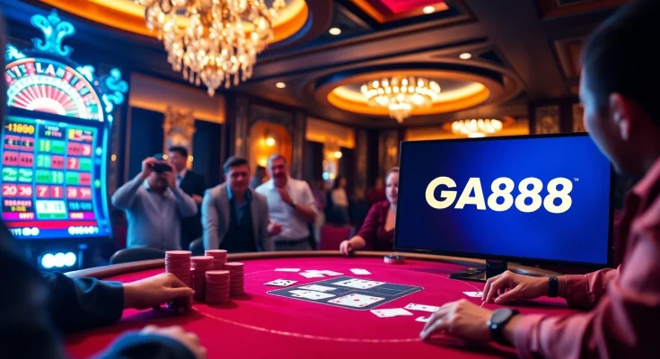 Engaging casino action at GA888 with poker tables and vibrant slot machines.