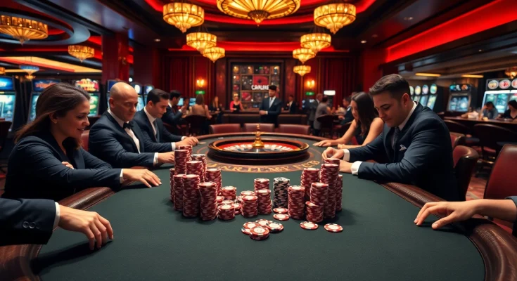 Experience the excitement at win88 with a luxurious casino scene showcasing poker and roulette.