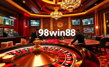 Experience the thrill of 98win58 at a vibrant casino with roulette and gaming tables.