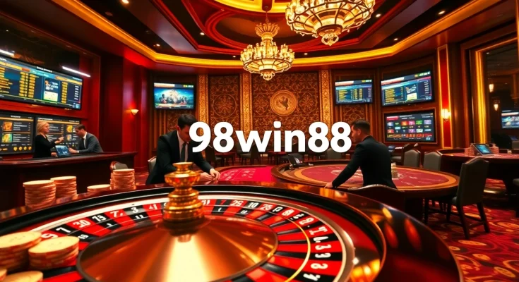 Experience the thrill of 98win58 at a vibrant casino with roulette and gaming tables.