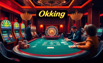 Engage in thrilling games at Okking's luxurious casino environment, featuring poker tables and vibrant slots.