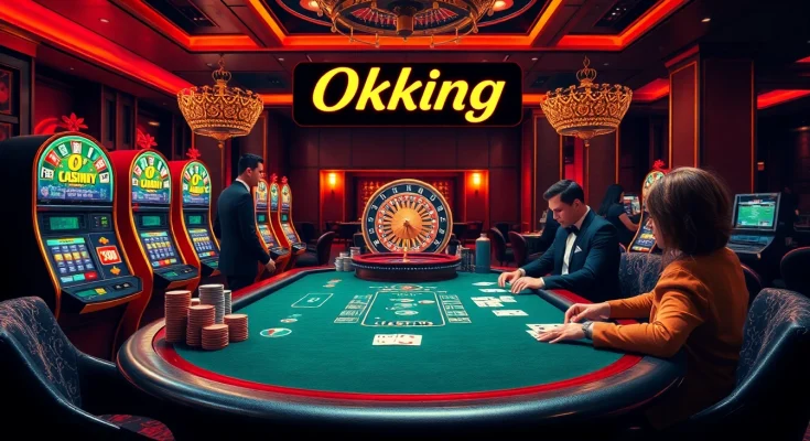 Engage in thrilling games at Okking's luxurious casino environment, featuring poker tables and vibrant slots.