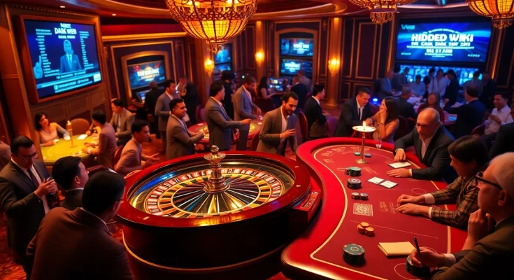 Gamblers placing bets on a roulette wheel in a luxurious casino, linked to hidden wiki dark web.