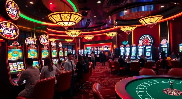 Excited players enjoying the vibrant pen4d alternatif slot machines in a luxurious casino setting.