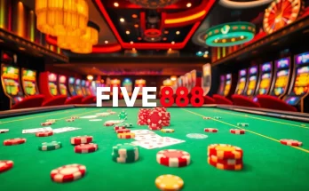 Exciting casino atmosphere featuring FIVE88 with vibrant tables, slot machines, and betting action.