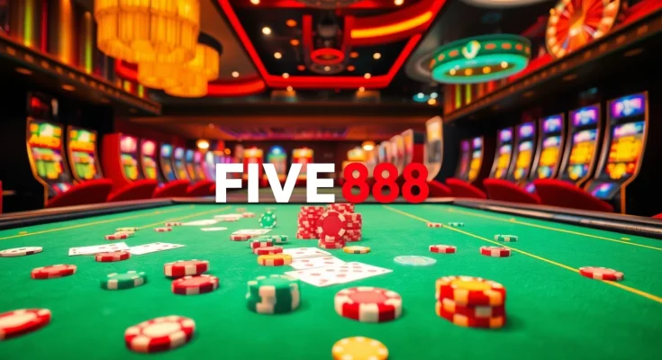 Exciting casino atmosphere featuring FIVE88 with vibrant tables, slot machines, and betting action.