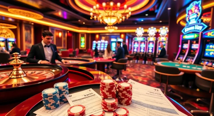 Kkwin casino gaming area showcasing poker players and luxurious roulette table for an exciting gambling experience.