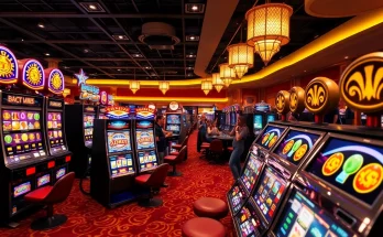 Experience the excitement of GemBet Online Casino with vibrant slot machines and cheering players.