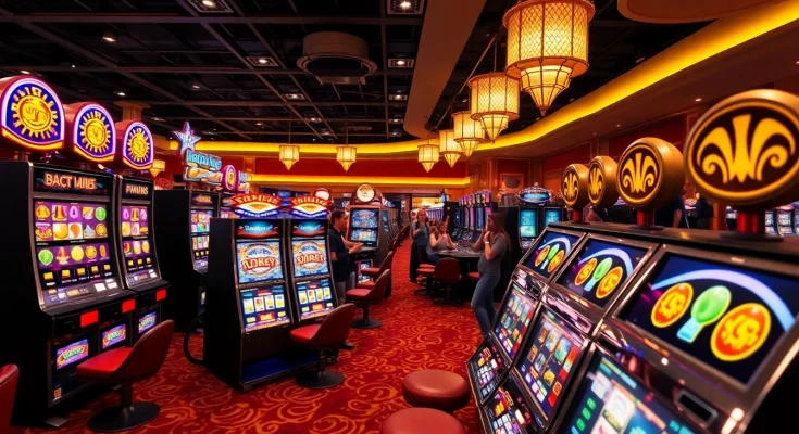 Experience the excitement of GemBet Online Casino with vibrant slot machines and cheering players.