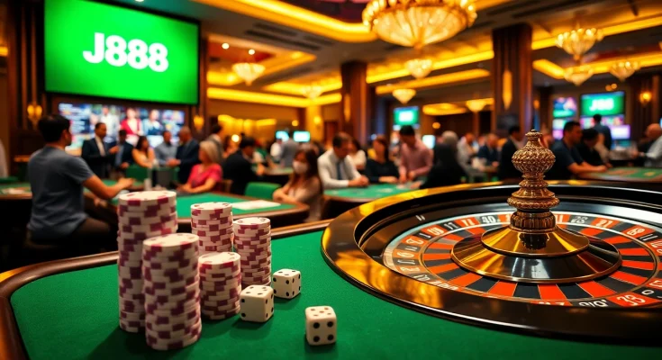 Experience thrilling gameplay at J88 with vibrant casino scenes and engaging casino tables.