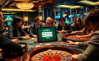 Sbobet login interface displayed among chips and cards on a luxurious casino table.