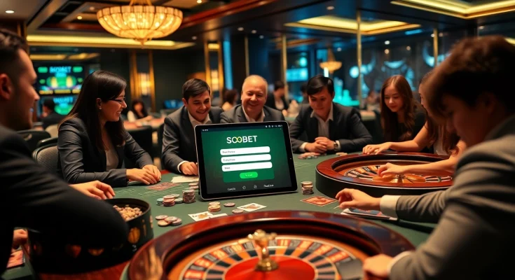 Sbobet login interface displayed among chips and cards on a luxurious casino table.