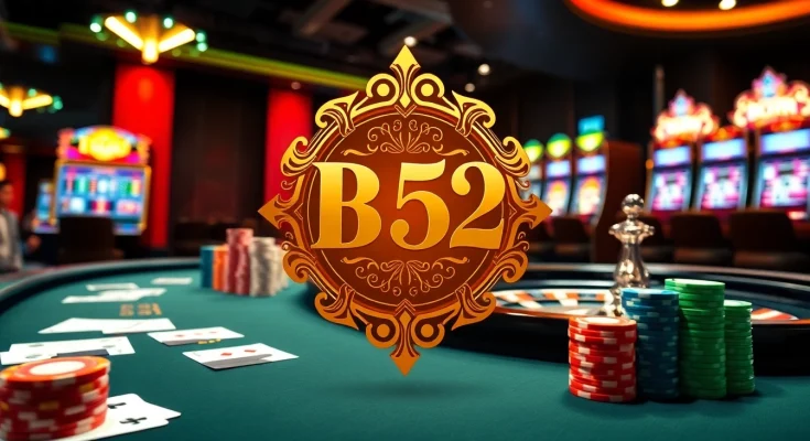 B52CLUB logo shines amid poker chips, roulette wheel, and slot machines in a lively casino scene.