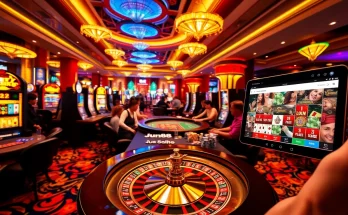 Exciting casino scene showcasing players at jun88site.com, highlighting vibrant slot machines and poker action.