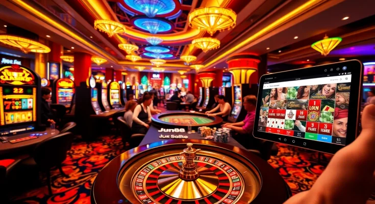 Exciting casino scene showcasing players at jun88site.com, highlighting vibrant slot machines and poker action.