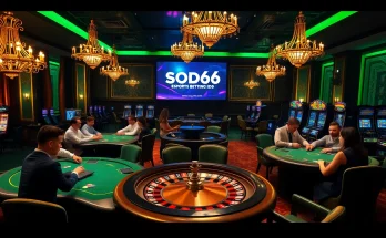 SODO66 players engaged in high-stakes poker at an elegant casino with vibrant roulette and esports odds.