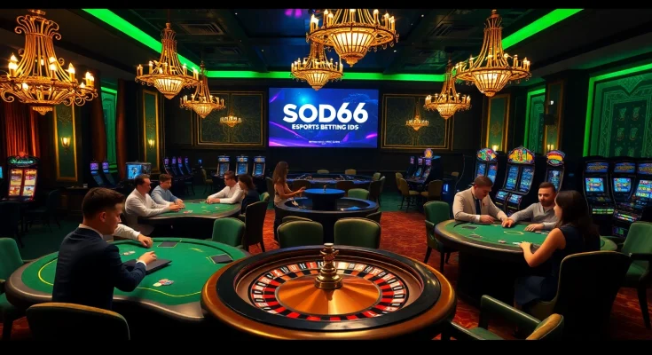 SODO66 players engaged in high-stakes poker at an elegant casino with vibrant roulette and esports odds.