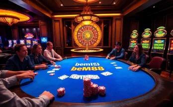 A vibrant poker table scene featuring bem88-themed chips and excited players engaging in a thrilling game experience.