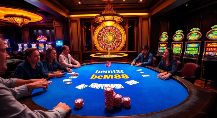 A vibrant poker table scene featuring bem88-themed chips and excited players engaging in a thrilling game experience.